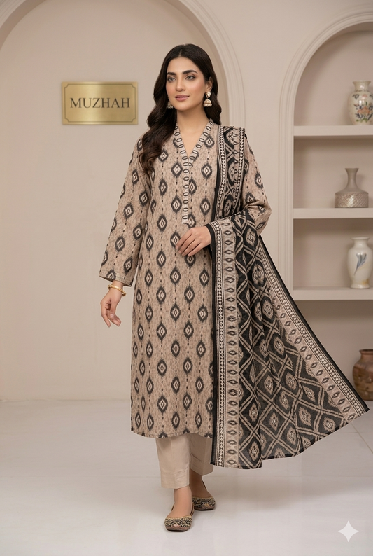 MUZNAH 3-PC stitched Printed Lawn Suit - M-07