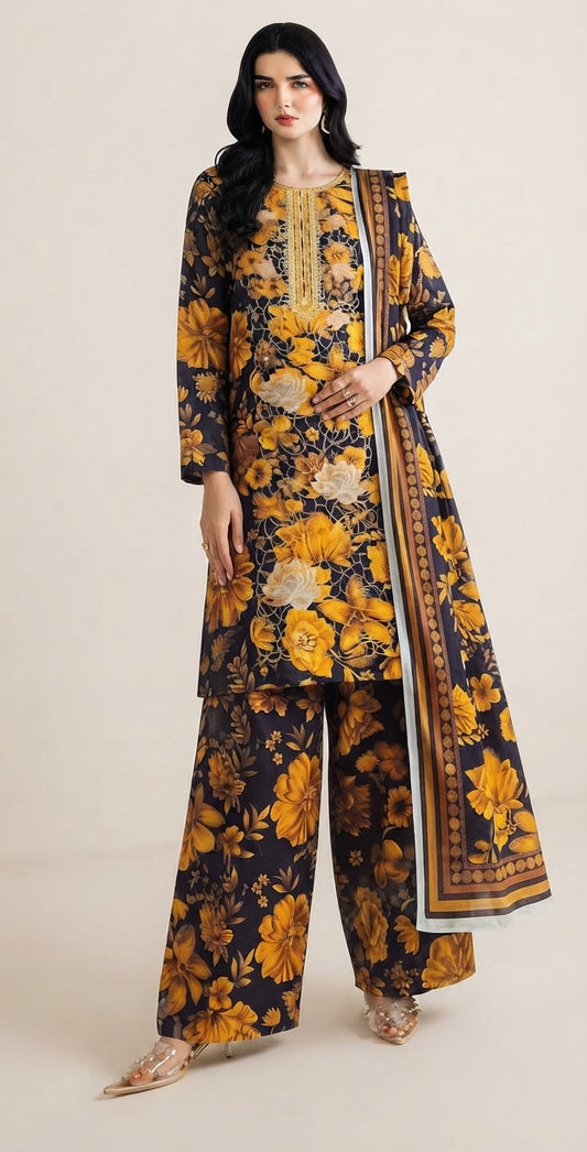 3 Piece Embroidered Linen Suit | L#32