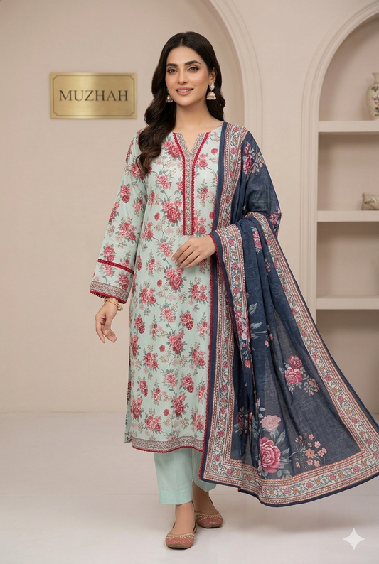 MUZNAH 3-PC stitched Printed Lawn Suit - M-11