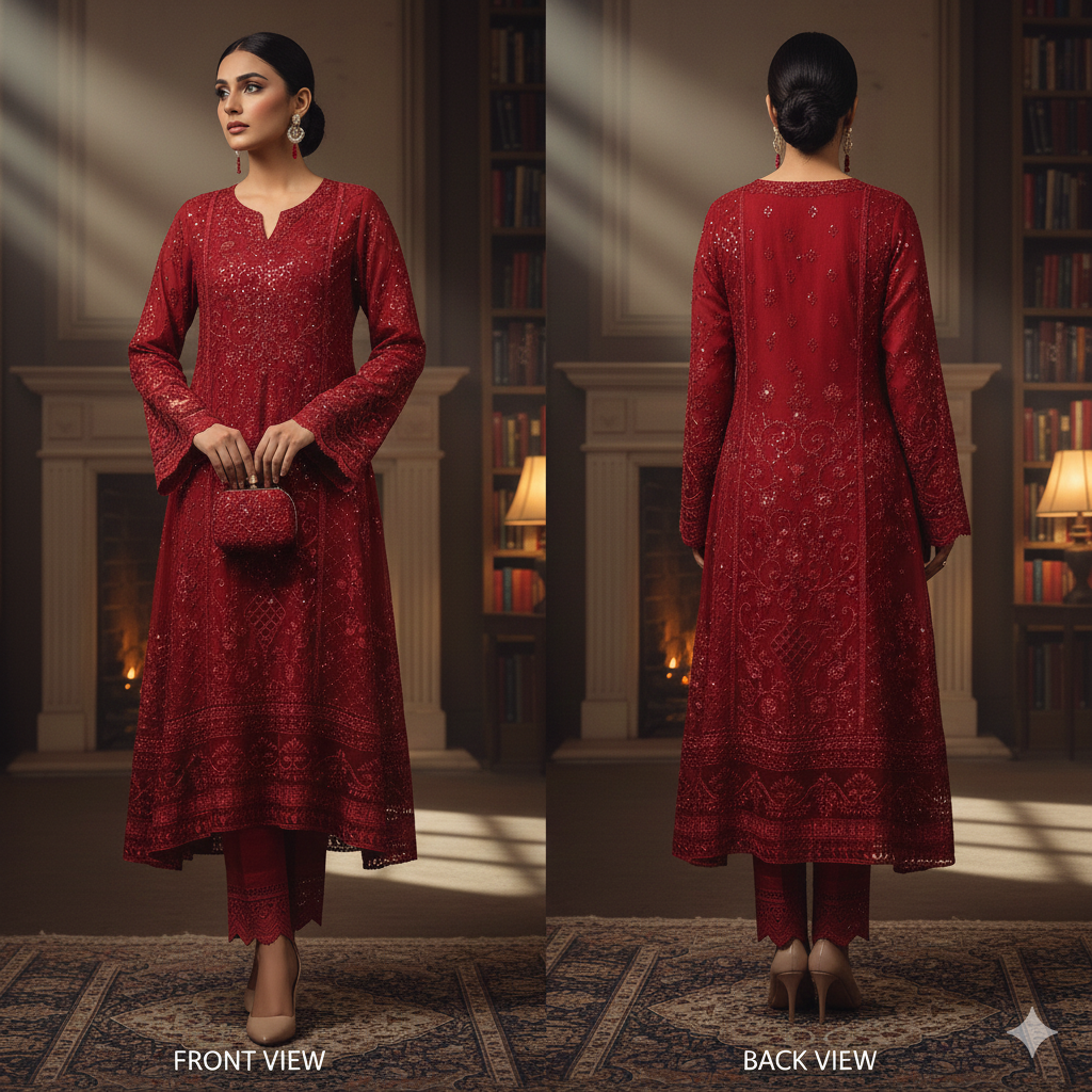 BINT-E-SAEED Luxe: Dazzling Ruby Red Embroidered Dress