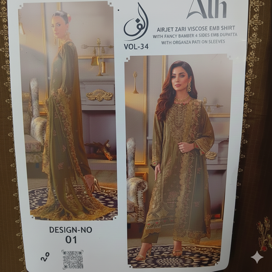ALIF Airjet Zari Viscose Embroidered Suit - Vol-34, Design-01 | Luxurious 3-Piece Dress