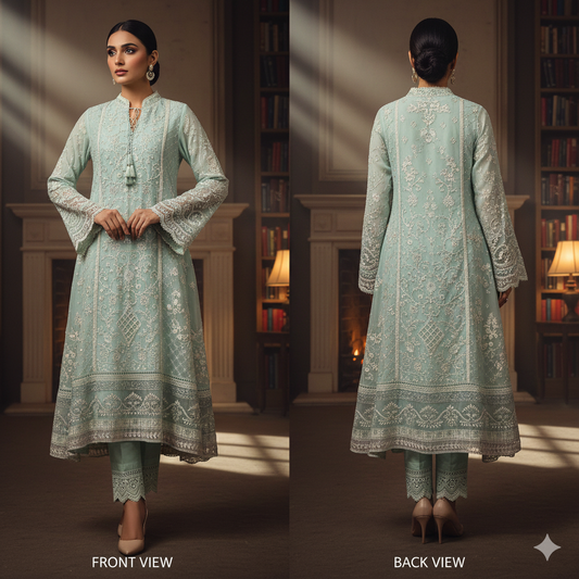 BINT-E-SAEED Luxe: Mint Dream Embroidered Frock