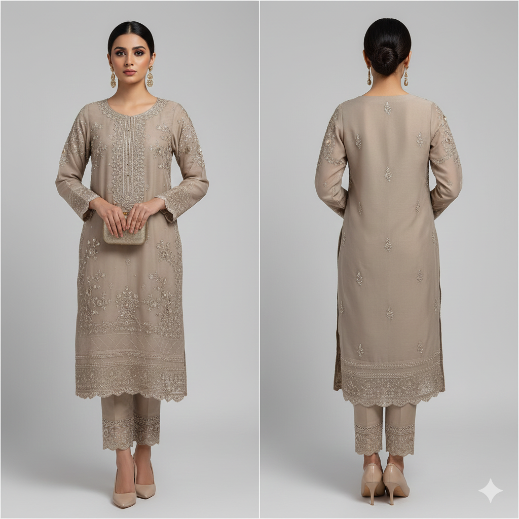 BINT-E-SAEED Luxe  Classic Beige Embroidered Frock