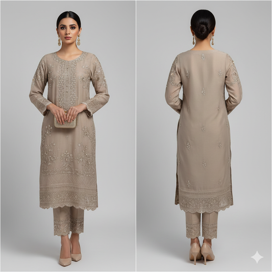 BINT-E-SAEED Luxe  Classic Beige Embroidered Frock