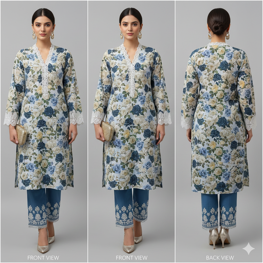 Azure and Marigold Floral Kurti