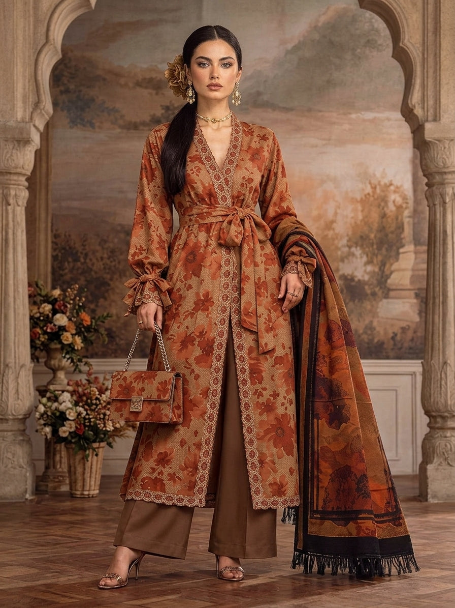 Zoya 3 Piece Printed Marina With Printed Pure China Wool Shawl MA-6