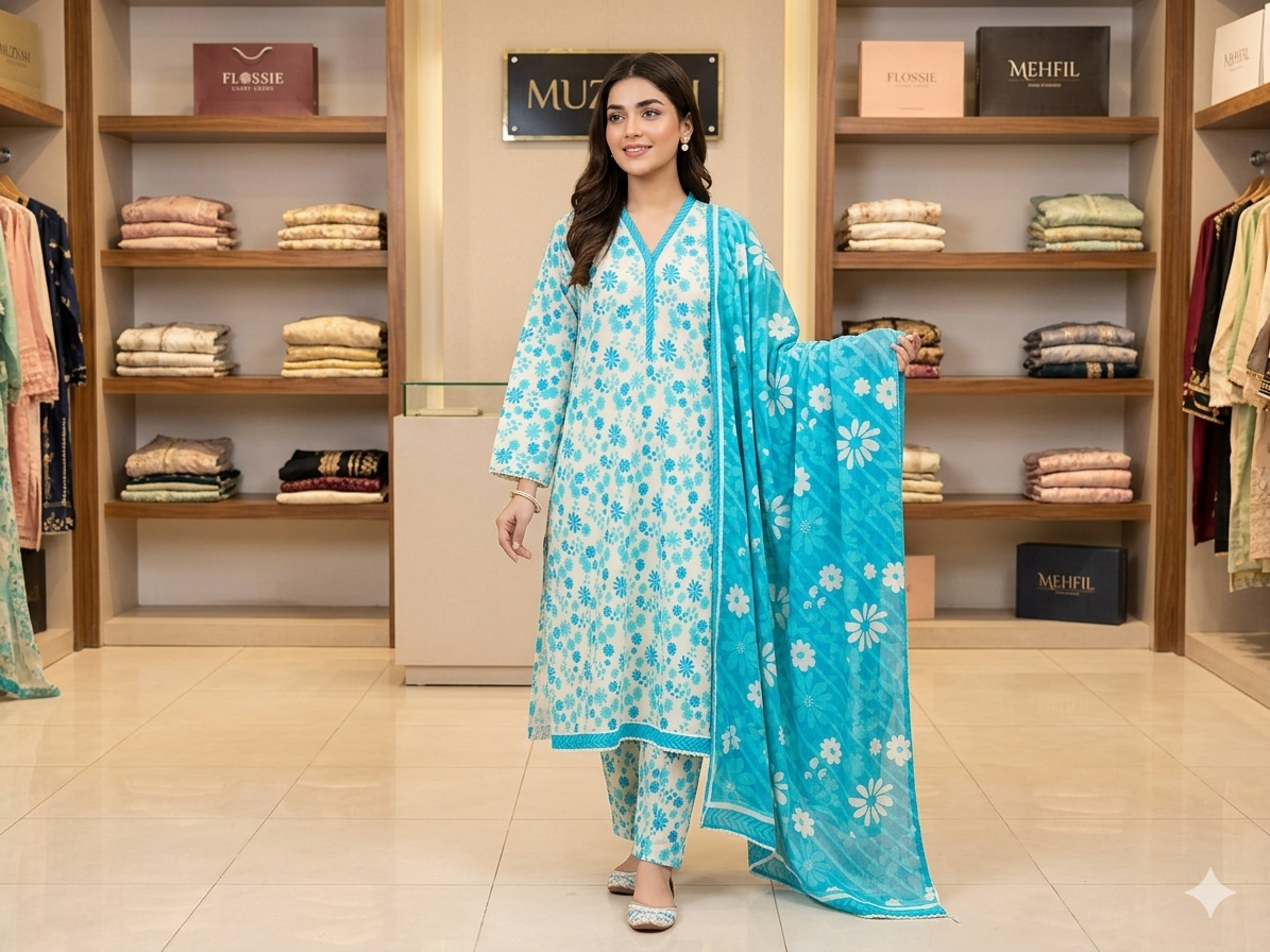 MUZNAH 3-PC stitched Printed Lawn Suit - M-12