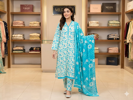 MUZNAH 3-PC stitched Printed Lawn Suit - M-12