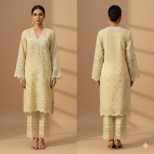 Tawakkal Embroidered Chikankari-Style Shirt (Lemon Yellow)
