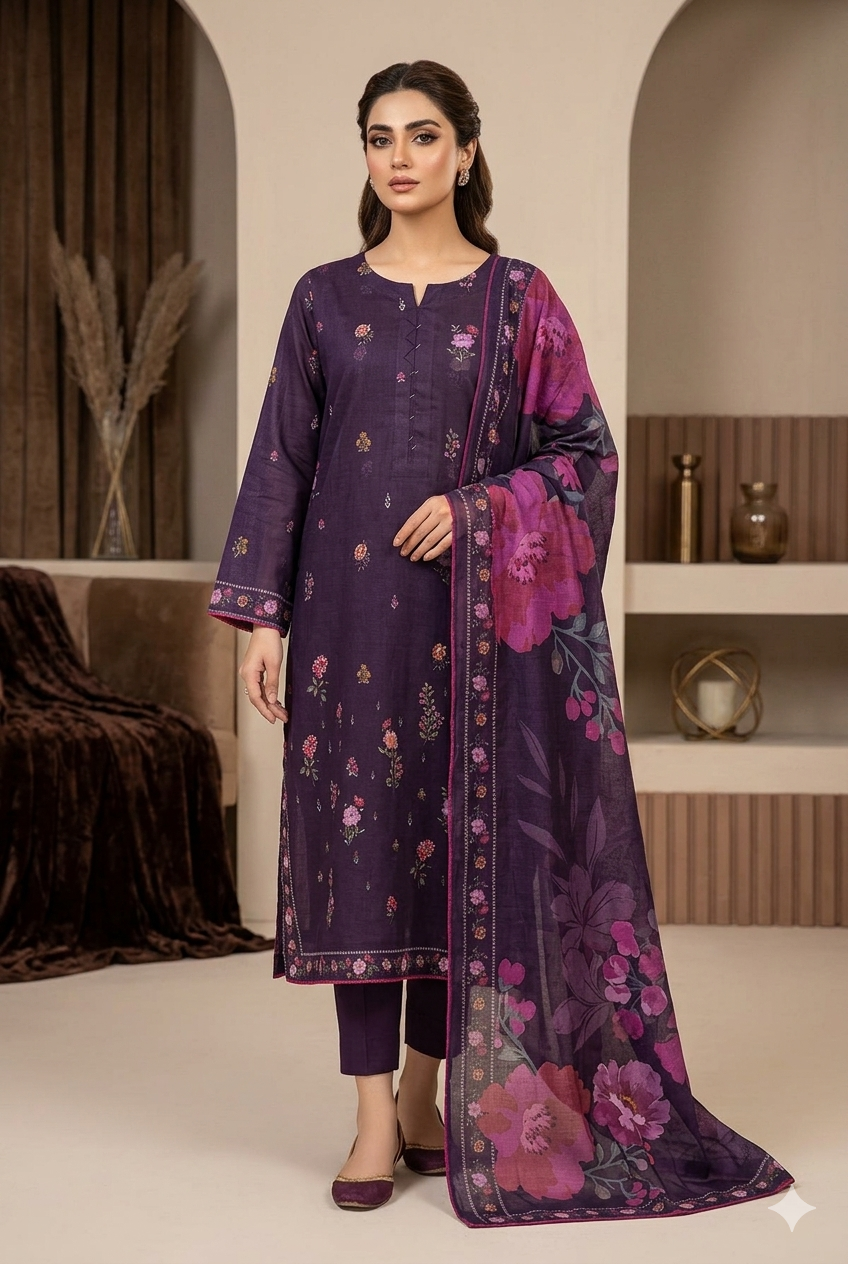 MUZNAH 3-PC Taftan Style stitched Printed Suit