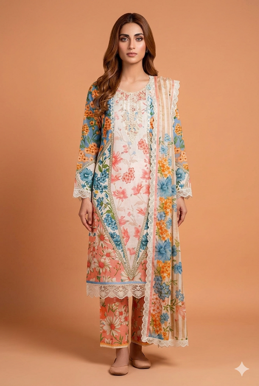 Premium Printed Lawn 3-Piece Unstitched Suit - Sequence Boring Patch Work EMB-12