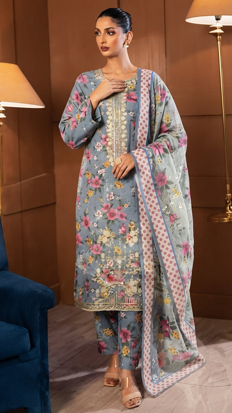 3 Piece Embroidered Linen Suit | L#36
