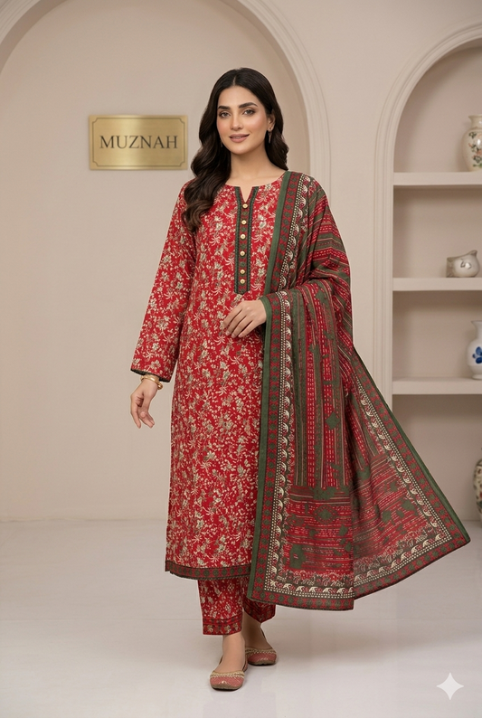 MUZNAH 3-PC stitched Printed Lawn Suit - M-06