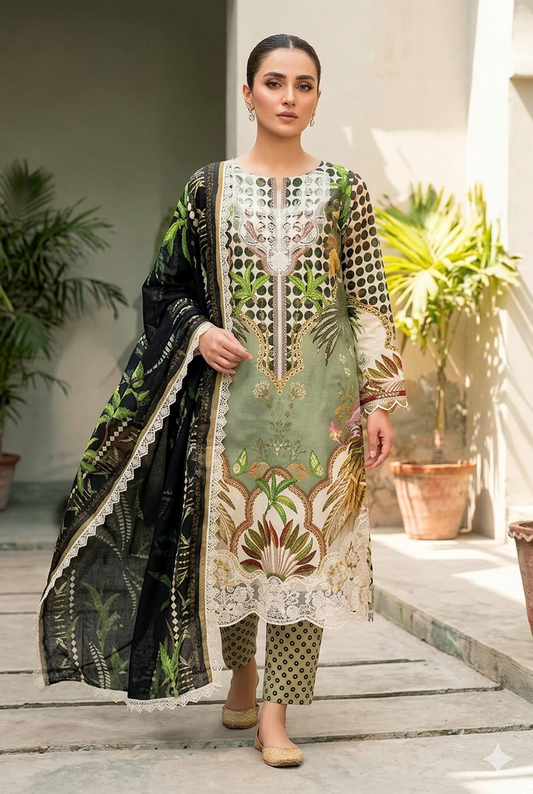 Premium Printed Lawn 3-Piece Unstitched Suit - Sequence Boring Patch Work EMB-03