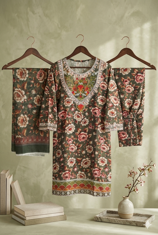 Luxury Embroidered Bana Dora Silk 3-Piece Stitched Suit M-13