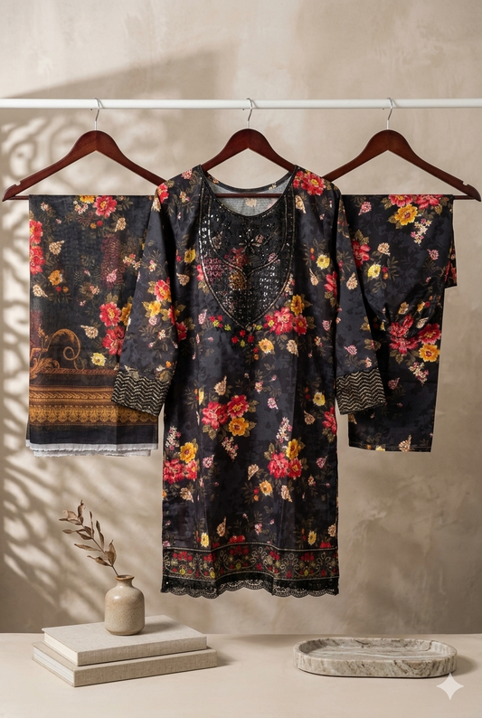 Luxury Embroidered Bana Dora Silk 3-Piece Stitched Suit M-06