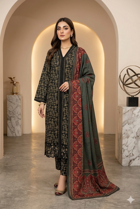 MUZNAH 3-PC Embroidered stitched Printed Suit