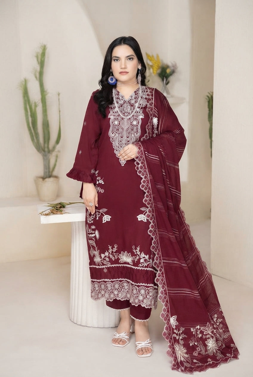 Airjet Fancy Wool Peach Embroidered Suit | Alif Vol-552 (Design - 05)