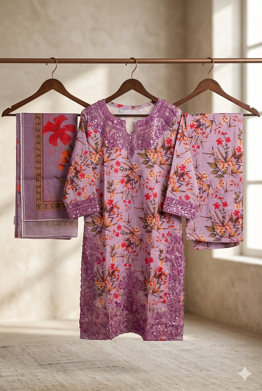 Luxury Embroidered Bana Dora Silk 3-Piece Stitched Suit M-09