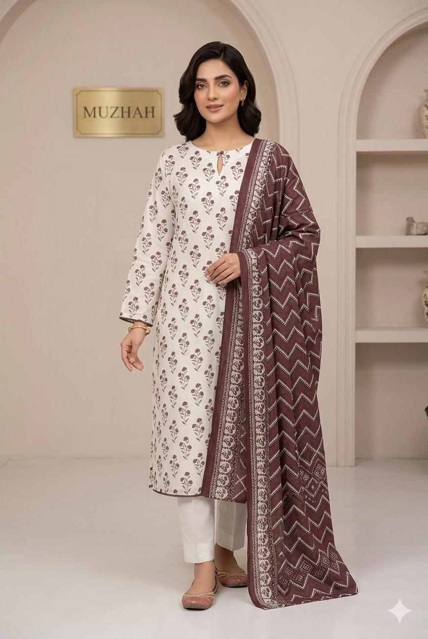 MUZNAH 3-PC stitched Printed Lawn Suit - M-04