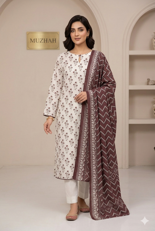 MUZNAH 3-PC stitched Printed Lawn Suit - M-04