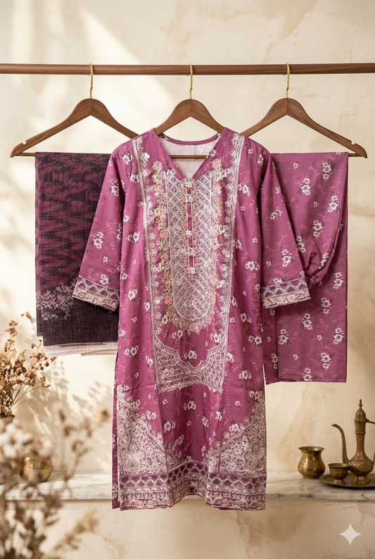 Luxury Embroidered Bana Dora Silk 3-Piece Stitched Suit M-14