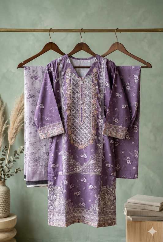 Luxury Embroidered Bana Dora Silk 3-Piece Stitched Suit M-17