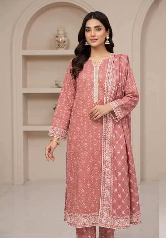 MUZNAH 3-PC stitched Printed Lawn  Suit - M-01