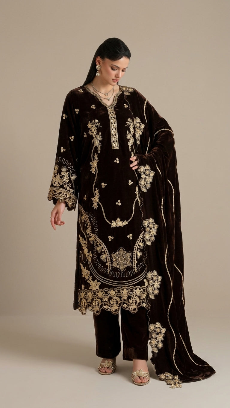 Rakhna Ramay Raaj Luxury Velvet Embroidered Unstitched 3 Piece Suit | RD-3905