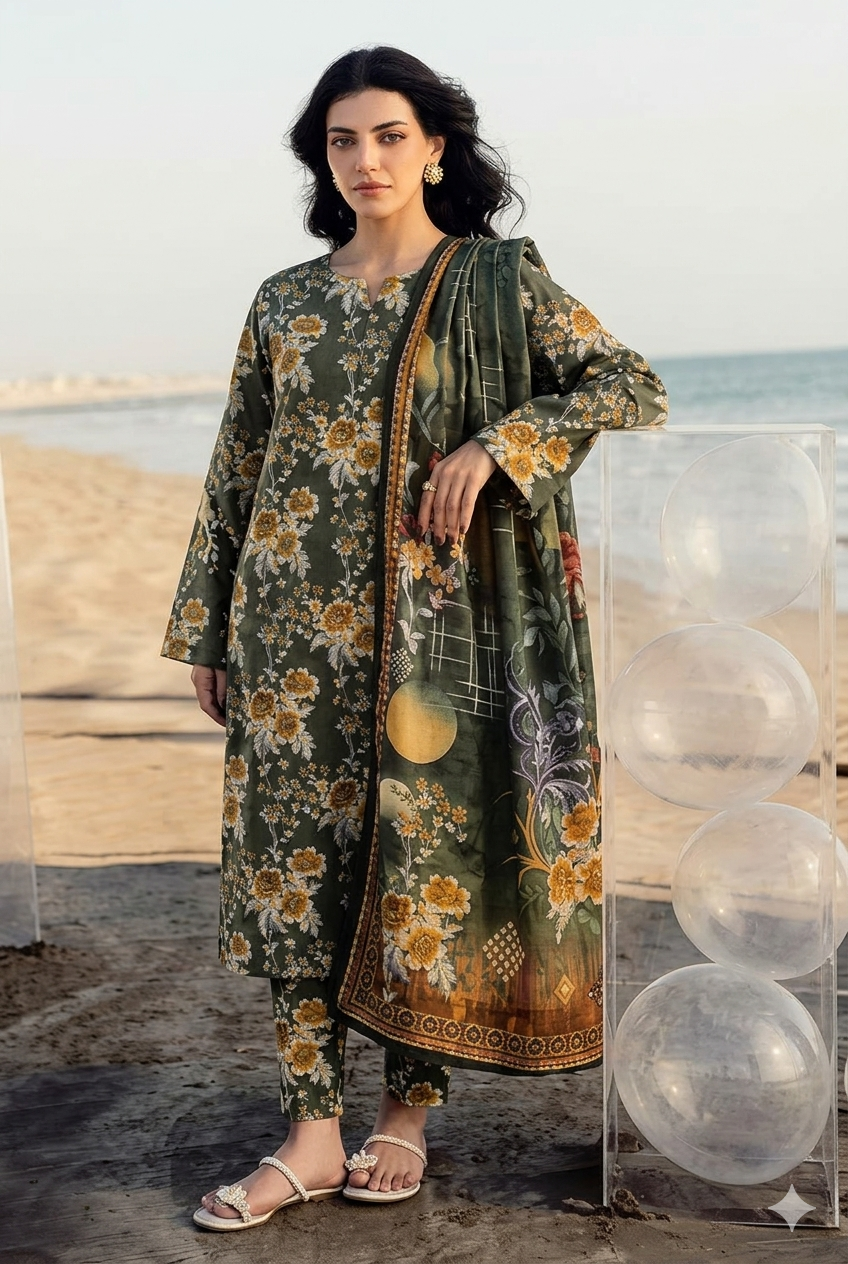 Unstitched 3-Piece Digital Print Lawn Suit B-36