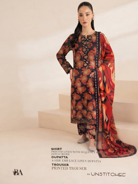 3 Piece Printed Linen sequence boring patch work - 08