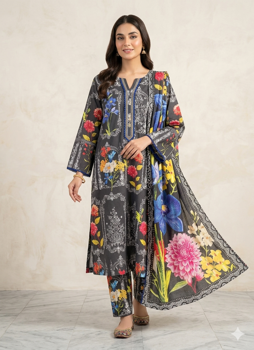 Bin Saeed Stitched 3 Piece Lawn Suit 01 – Comfortable & Stylish Daily Wear for Women