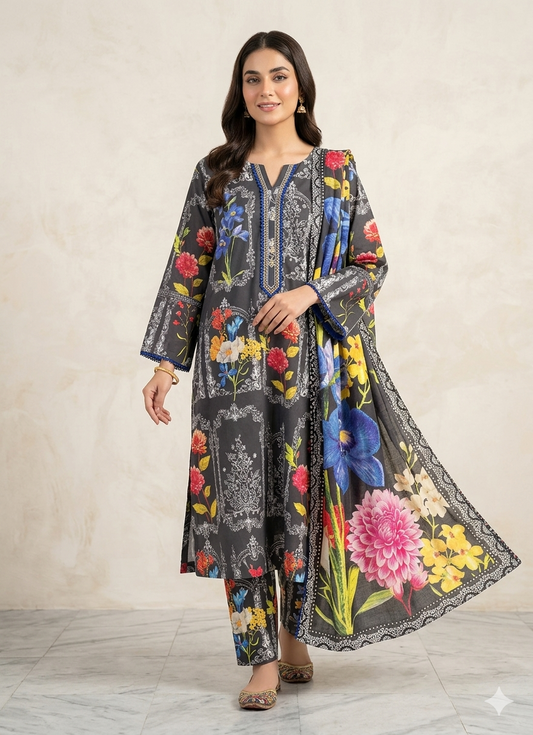 Bin Saeed Stitched 3 Piece Lawn Suit 01 – Comfortable & Stylish Daily Wear for Women