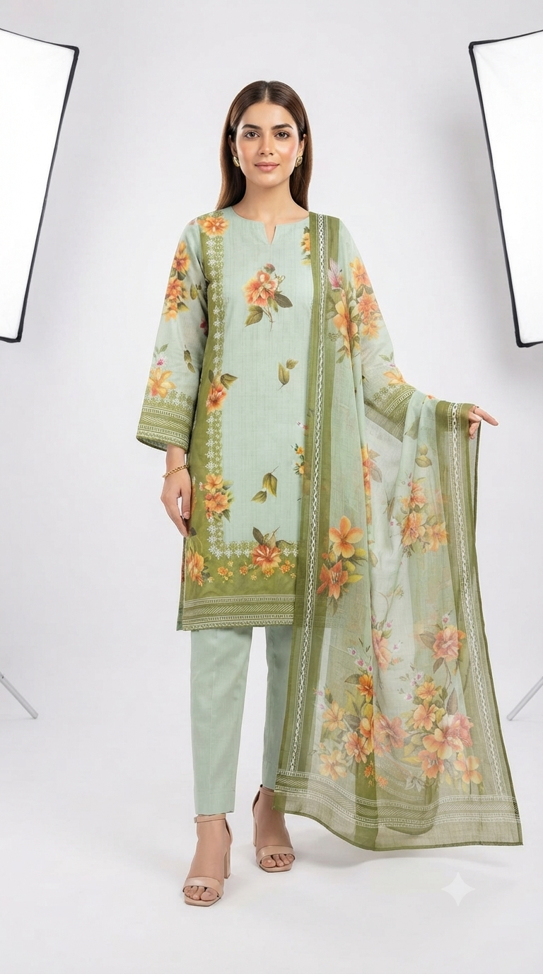 3 Piece Digital Printed Linen Suit | L#07