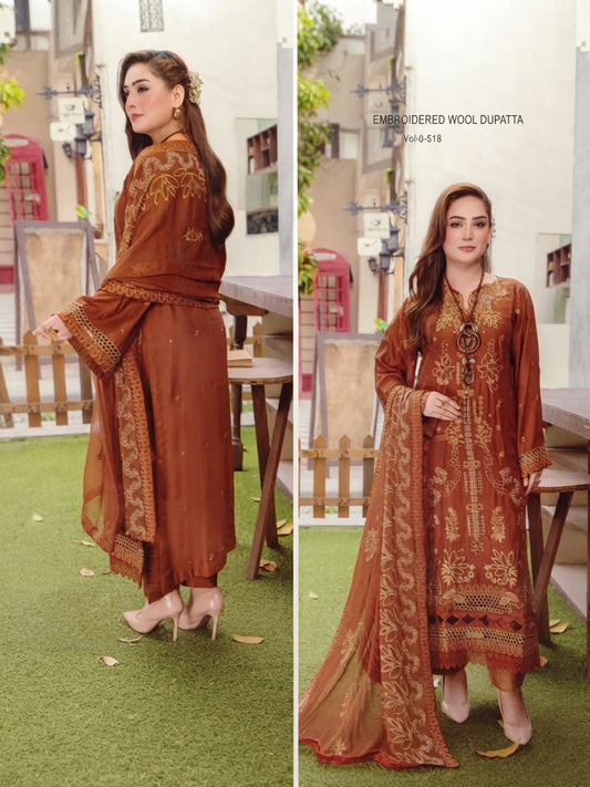 Airjet Wool Sparkel Embroidered 3-Piece Suit with Fancy Embroidered Wool Dupatta | Alif Vol-518