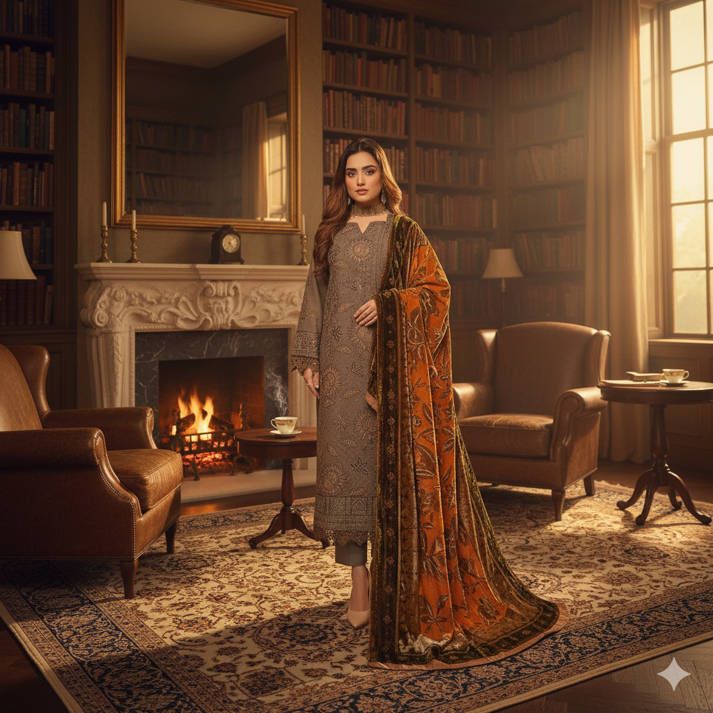 PAYAL Luxury Winter Collection - Design 05 (Warm Taupe & Amber Velvet Shawl)