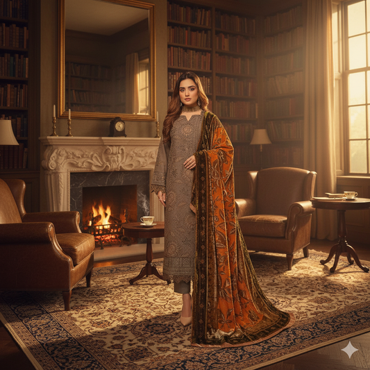 PAYAL Luxury Winter Collection - Design 05 (Warm Taupe & Amber Velvet Shawl)