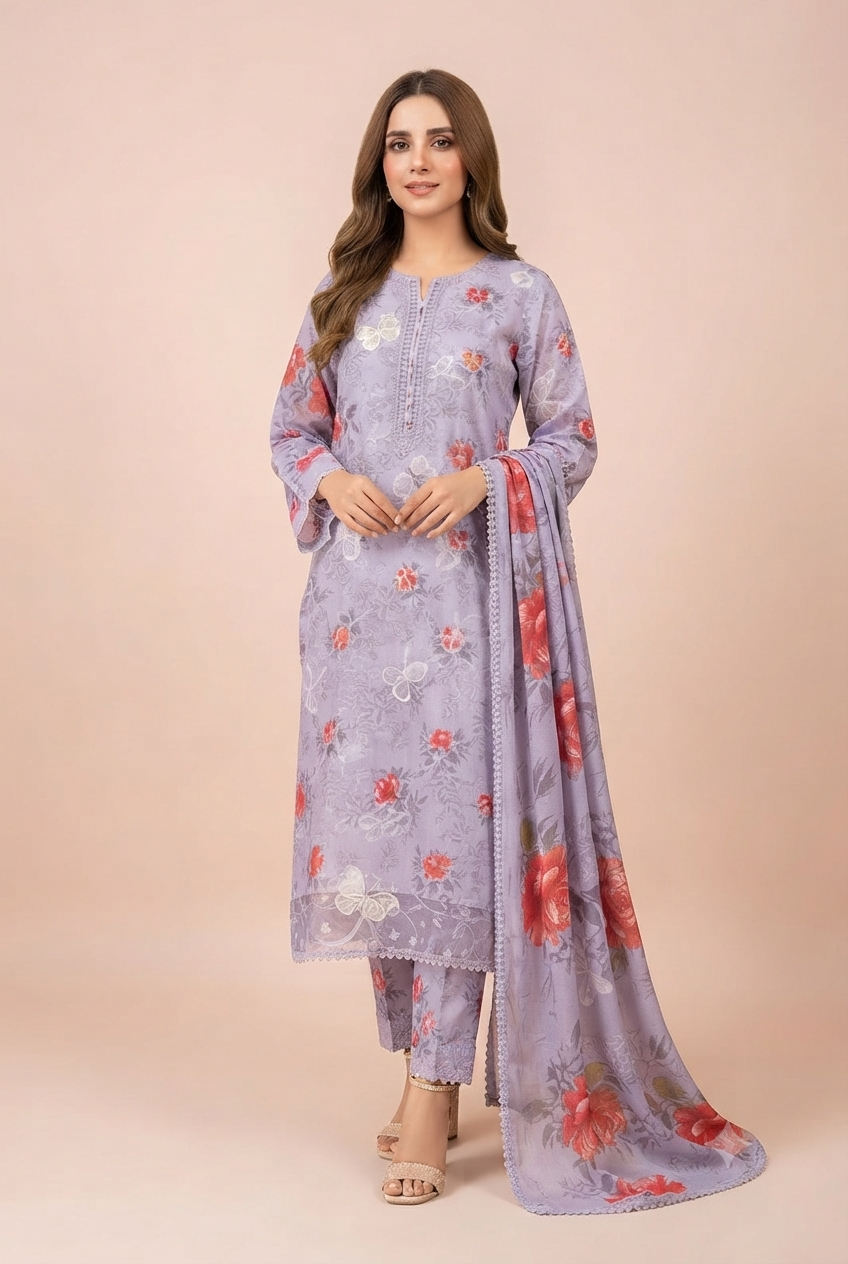 Maria.B Butterfly - Printed Lawn 3-Piece Unstitched Suit with Full Sequence Chickenkari Embroidery
