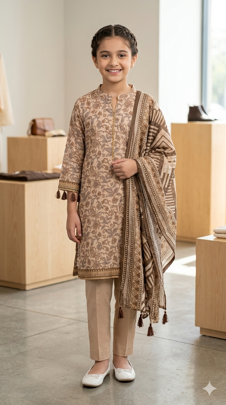 Muznah Girls Printed 3 Piece Stitched Suit | Sizes 6-14 years