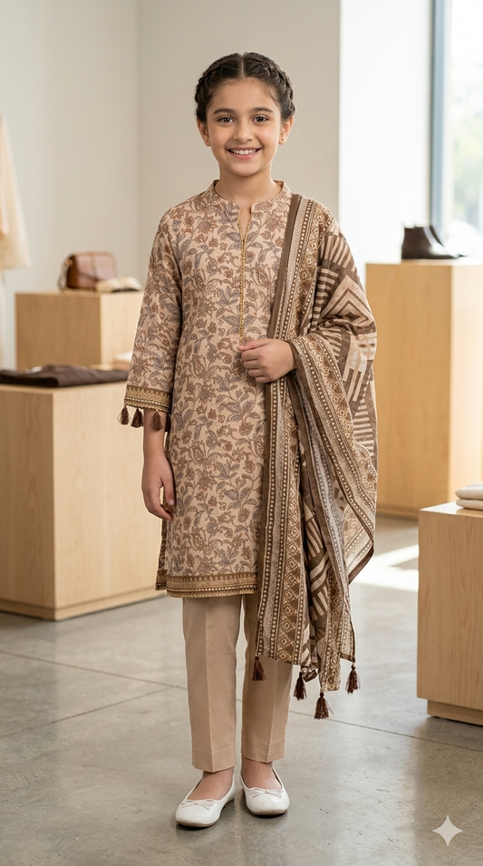 Muznah Girls Printed 3 Piece Stitched Suit | Sizes 6-14 years