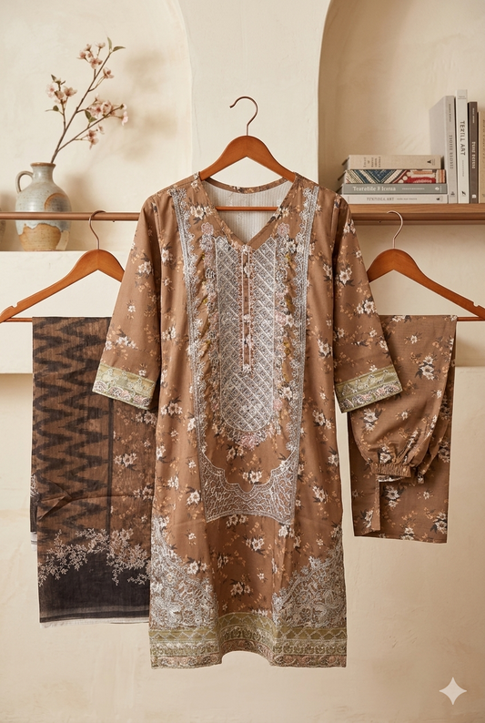 Luxury Embroidered Bana Dora Silk 3-Piece Stitched Suit M-01