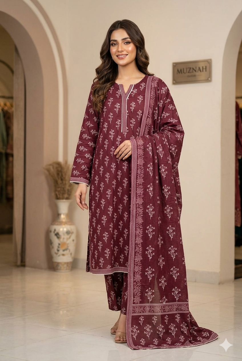 MUZNAH 3-PC stitched Printed Lawn Suit - M-13