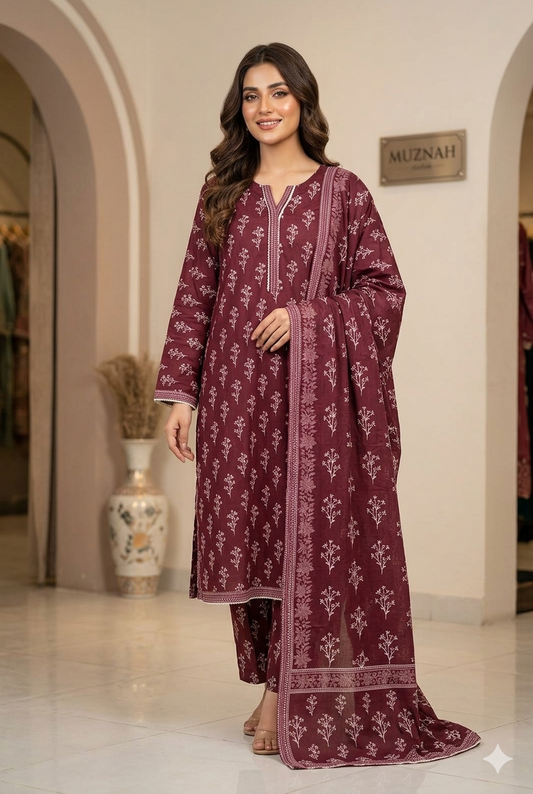 MUZNAH 3-PC stitched Printed Lawn Suit - M-13