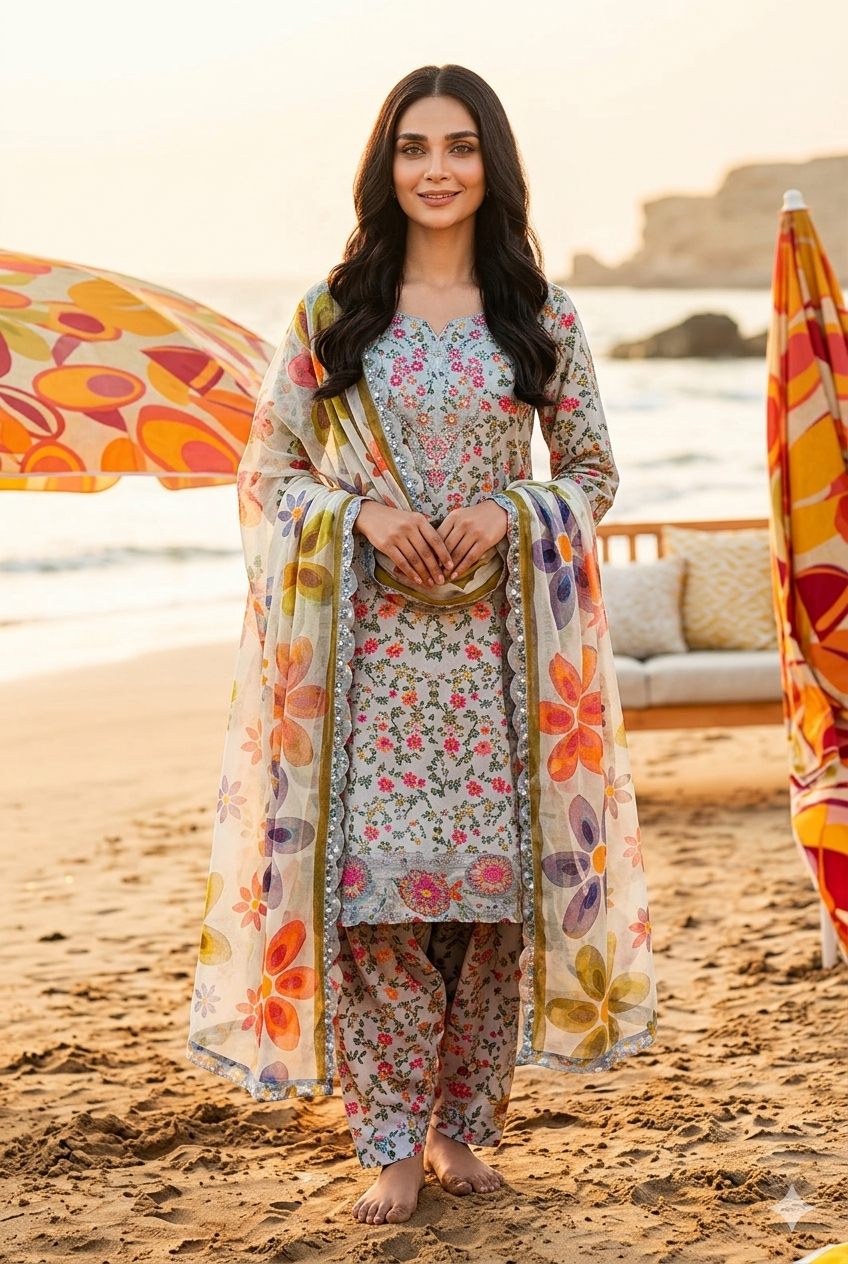 Premium Printed Lawn 3-Piece Unstitched Suit - Sequence Boring Patch Work EMB-05
