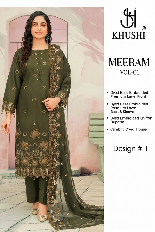 Khushi Meeram Luxury Embroidered Lawn Suit – Design # 1