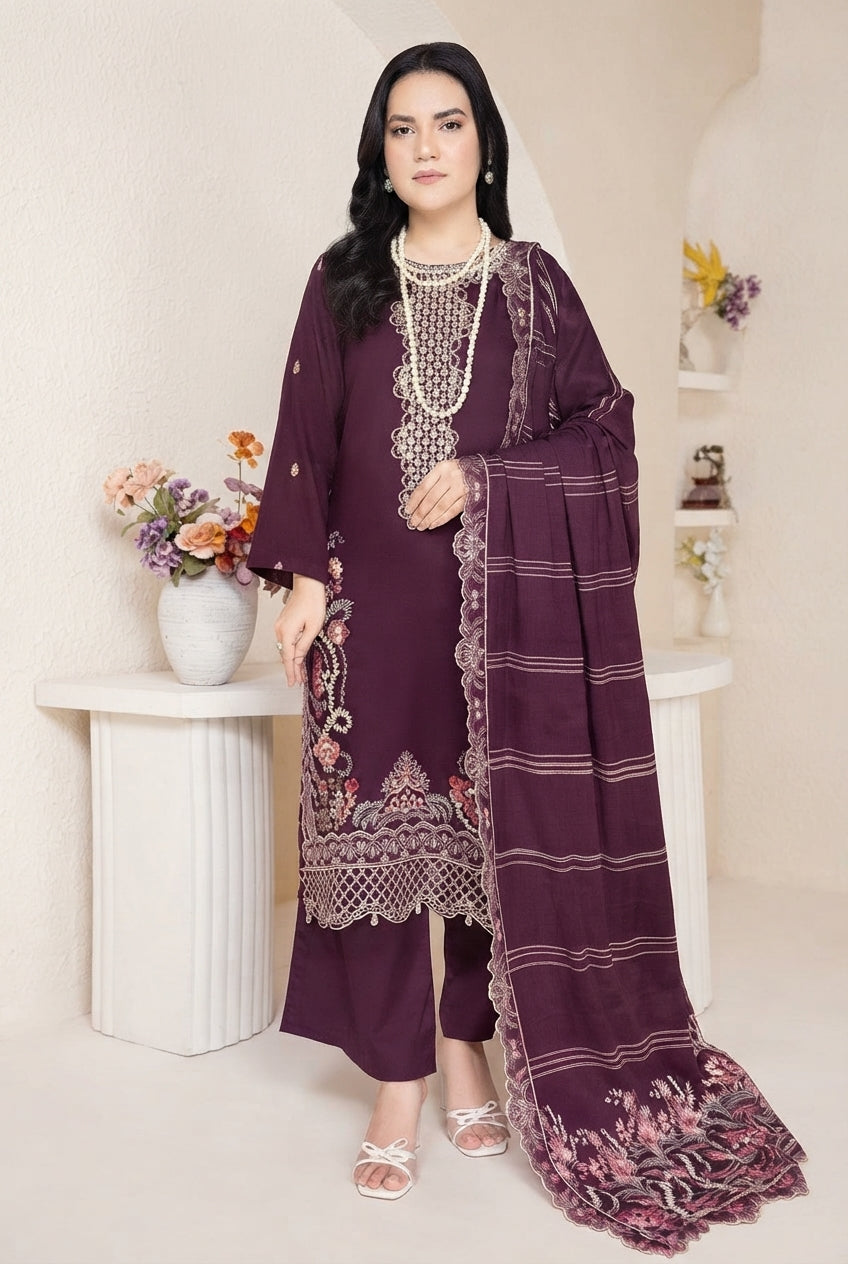 Airjet Fancy Wool Peach Embroidered Suit | Alif Vol-552 (Design - 04)