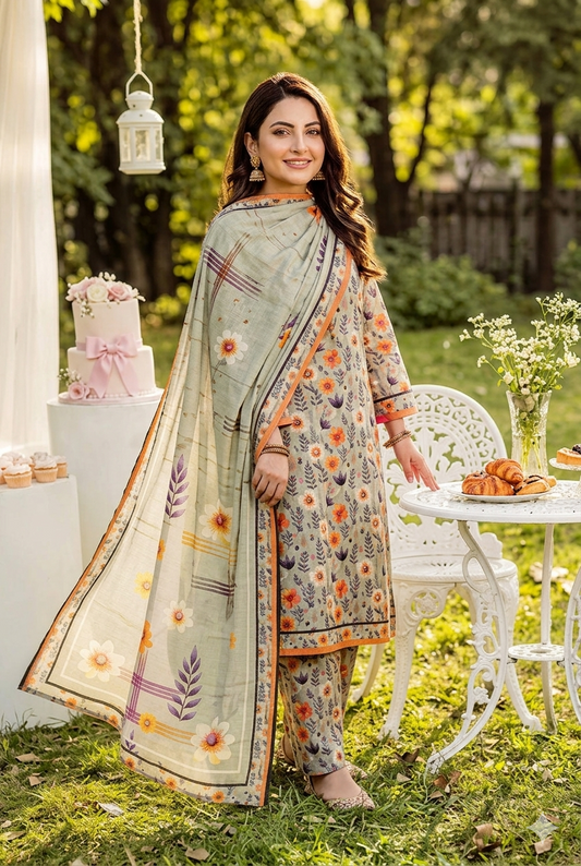 Unstitched 3-Piece Digital Print Lawn Suit B-11