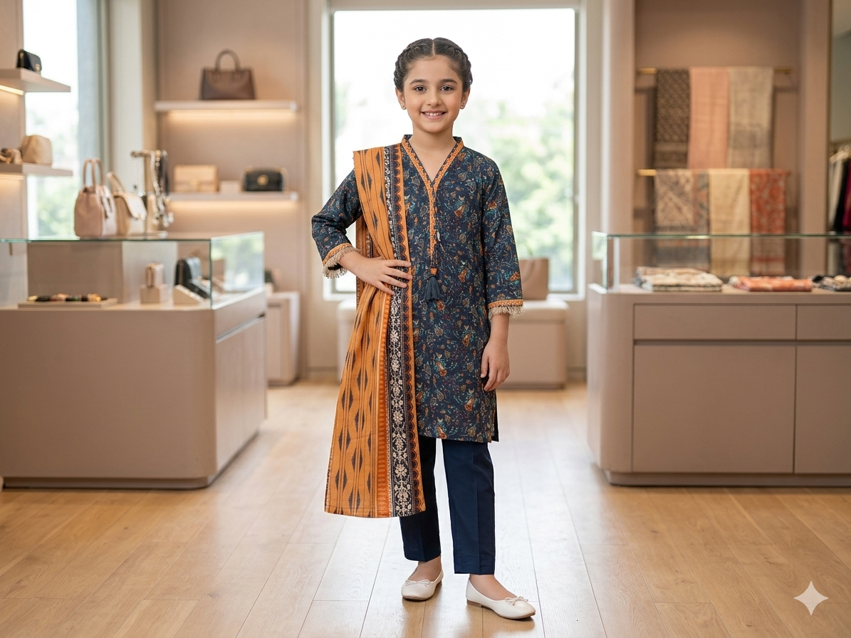 Muznah Girls Printed 3 Piece Stitched Suit | Sizes 6-14 years