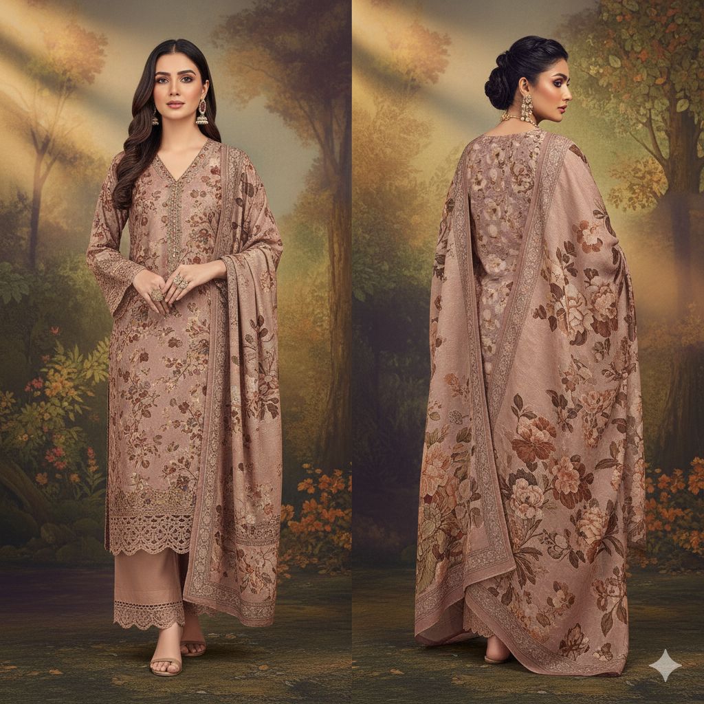 NEELAM Self Jacquard Printed - NL-05 (Taupe Floral)