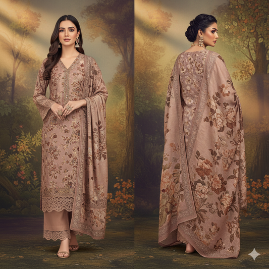 NEELAM Self Jacquard Printed - NL-05 (Taupe Floral)